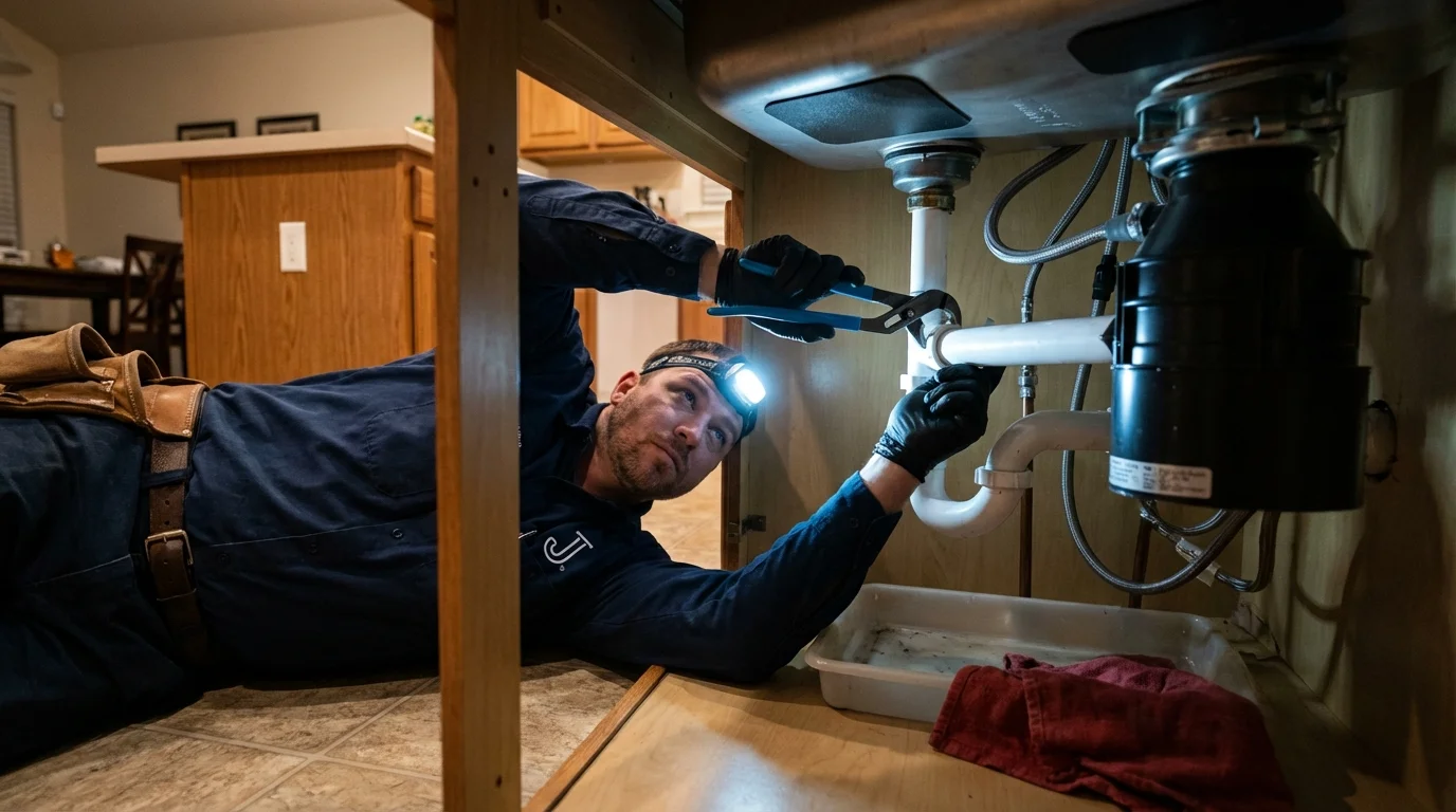 P-trap and supply line connections under a kitchen sink showing a common leak point in Livingston, TN